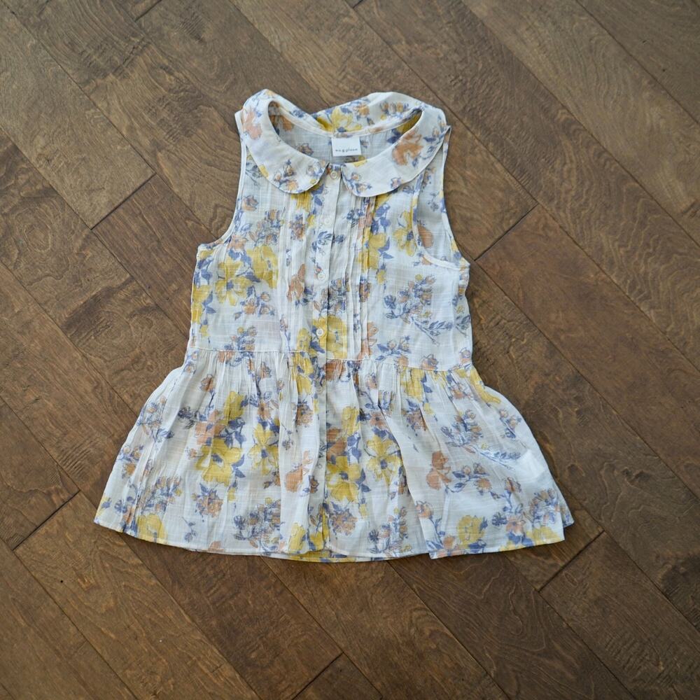 Ag Plus Top Medium White‎ Floral Sleeveless Pleated Casual Button Front